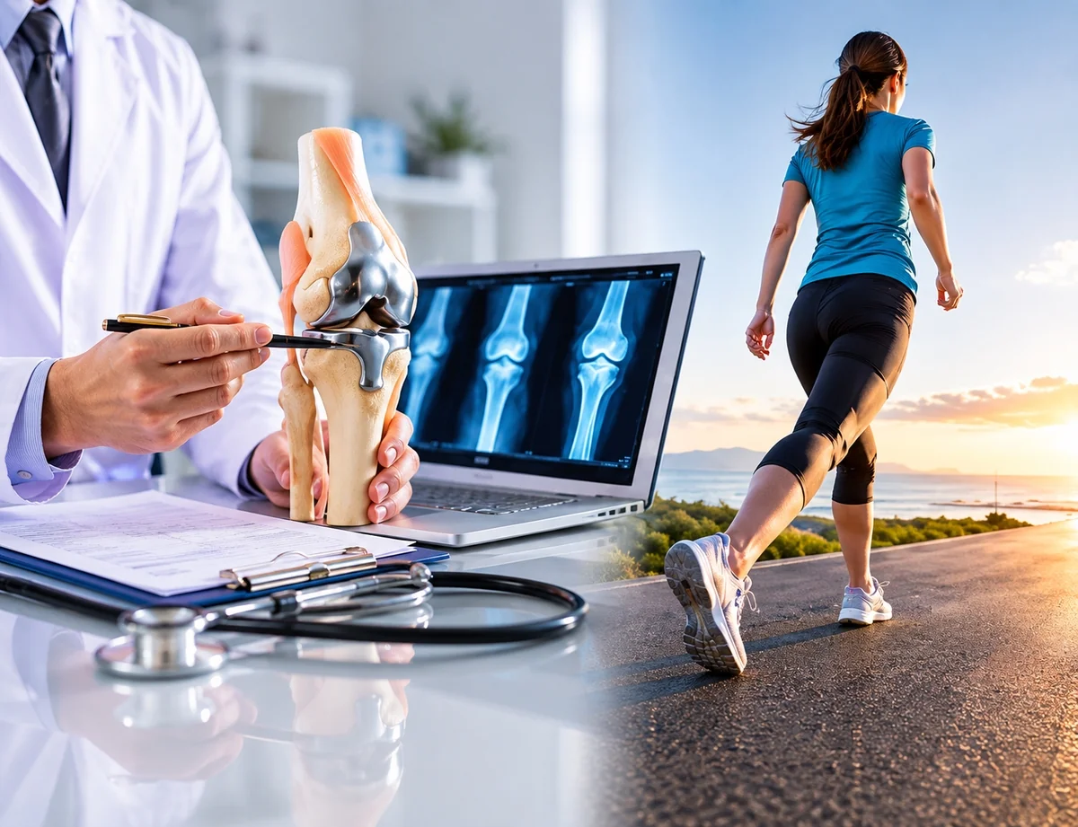 Orthopaedic specialist reviewing a knee model and imaging