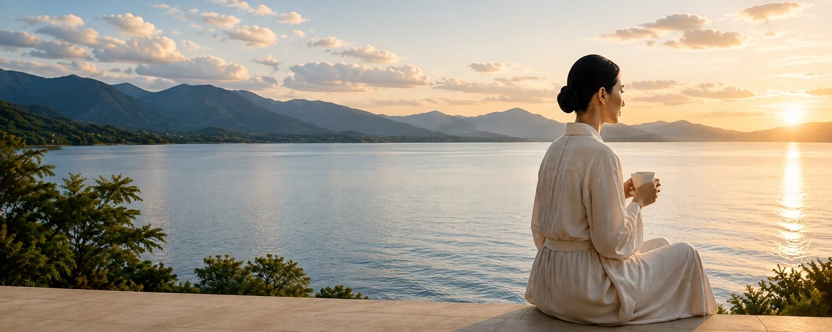 A woman overlooking calm water at sunset